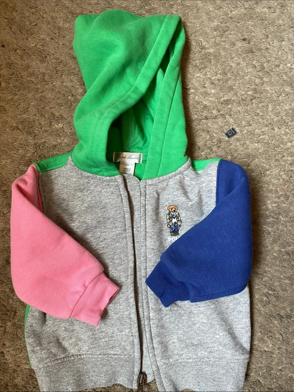 Polo by Ralph Lauren Gray Zip Hoodie with Green Hood, Pink & Blue Sleeves